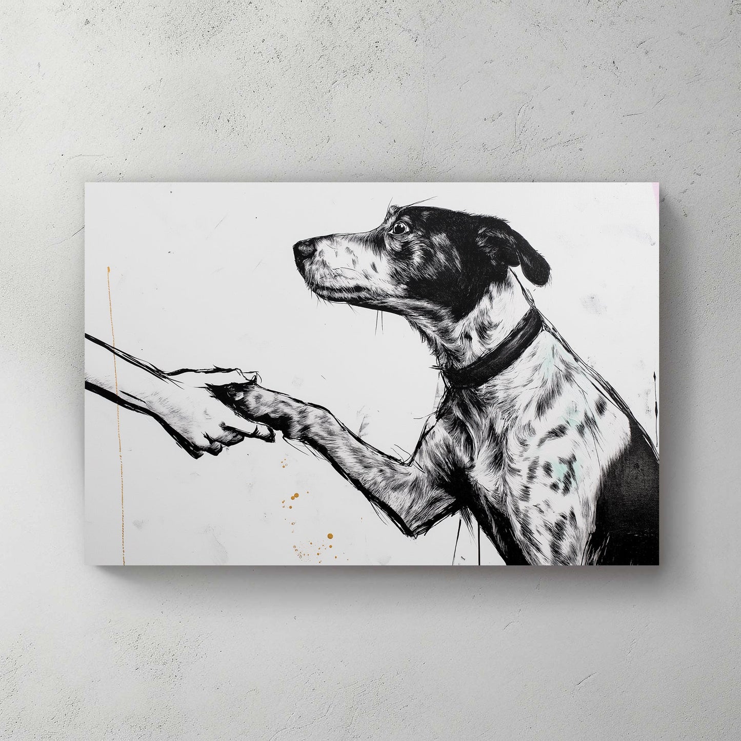 dog shaking hand black and white wall art