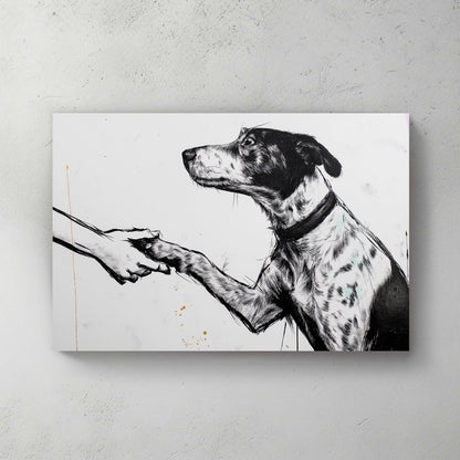 dog shaking hand black and white wall art