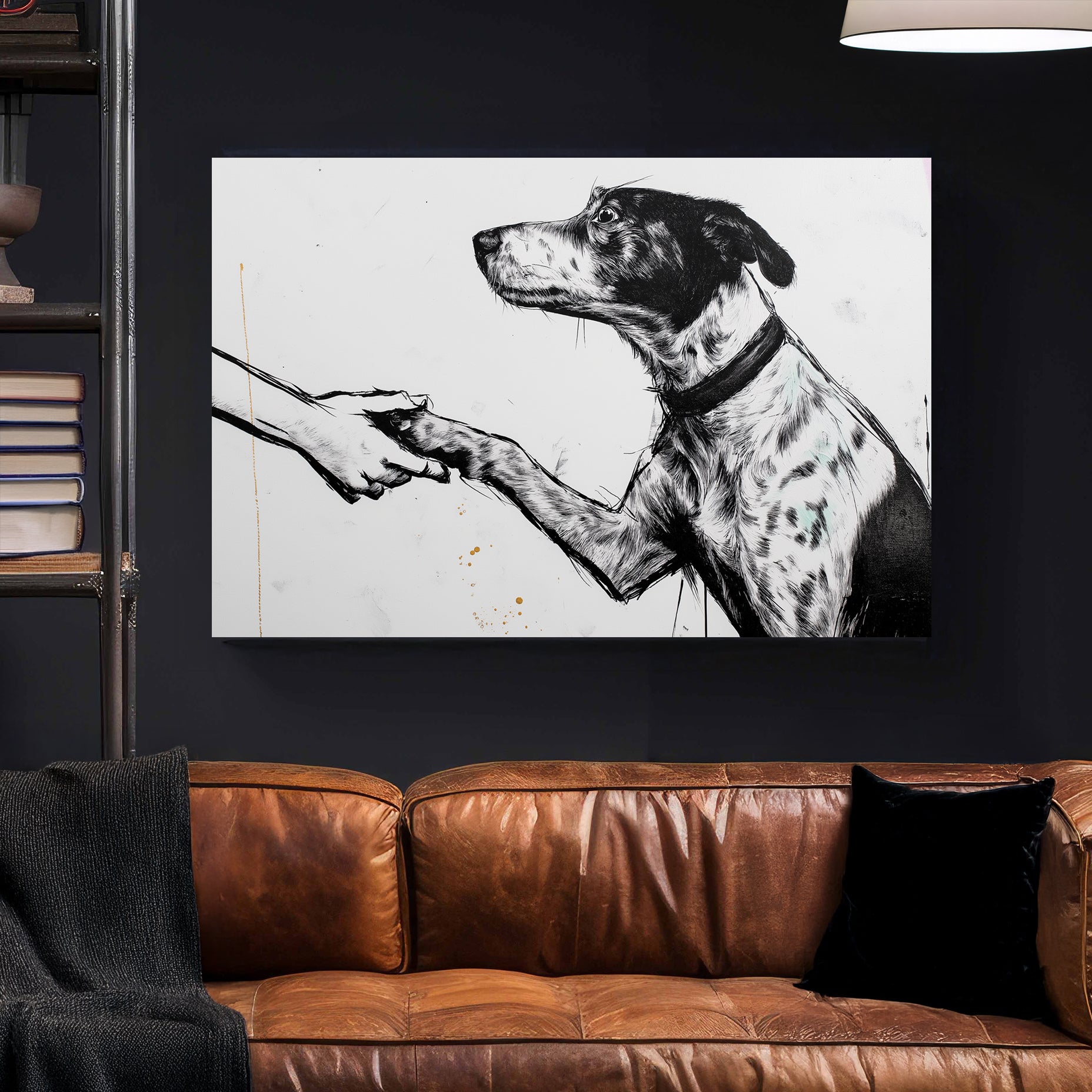 dog shaking hand black and white wall art