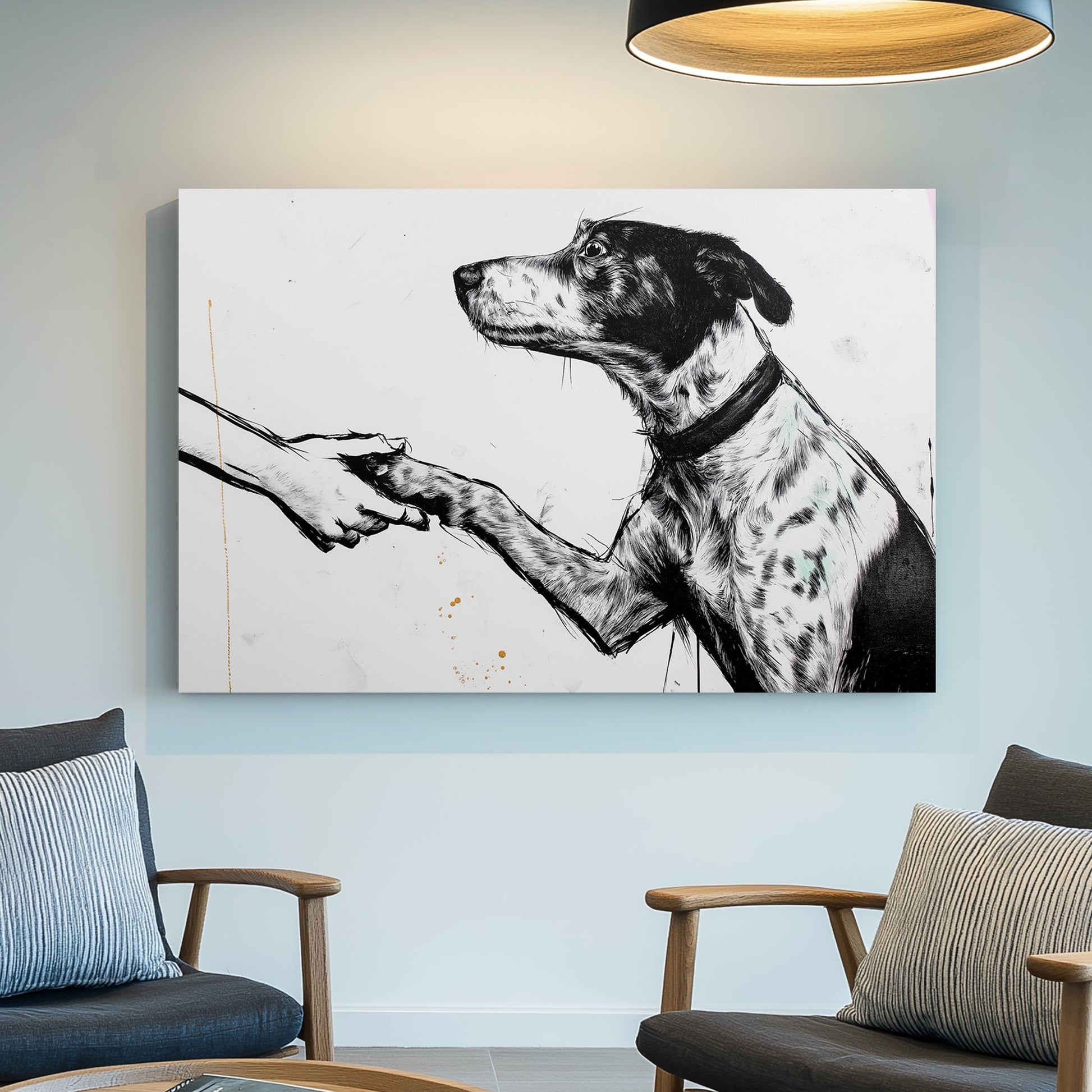 dog shaking hand black and white wall art