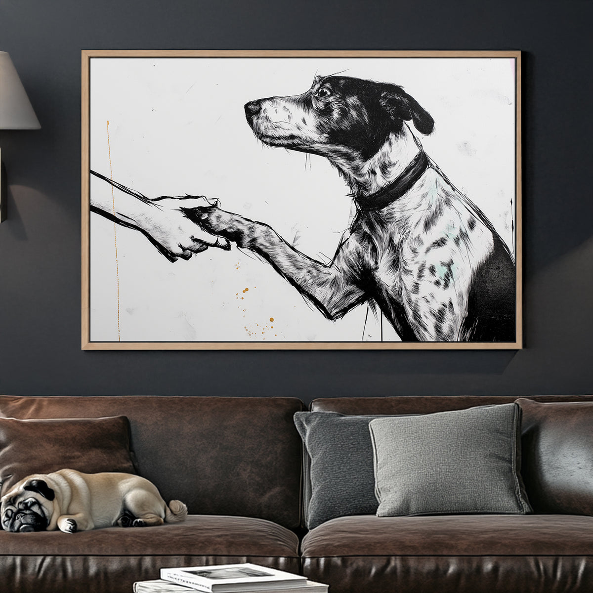 dog shaking hand black and white wall art