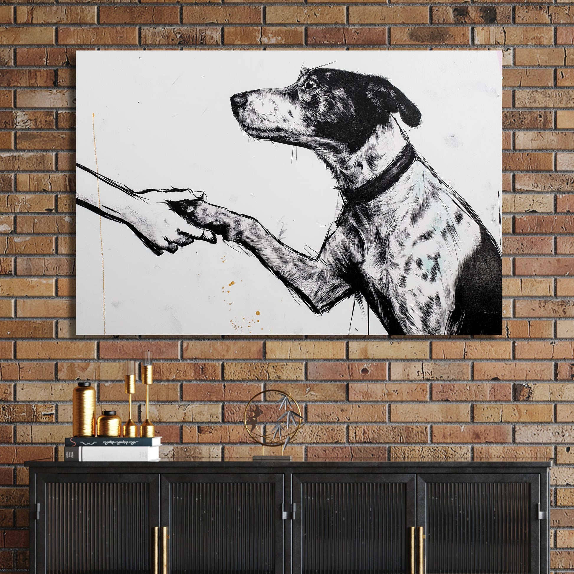 dog shaking hand black and white wall art