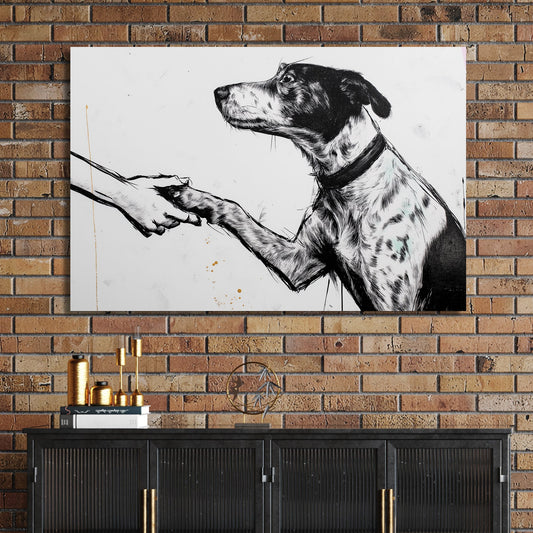 dog shaking hand black and white wall art