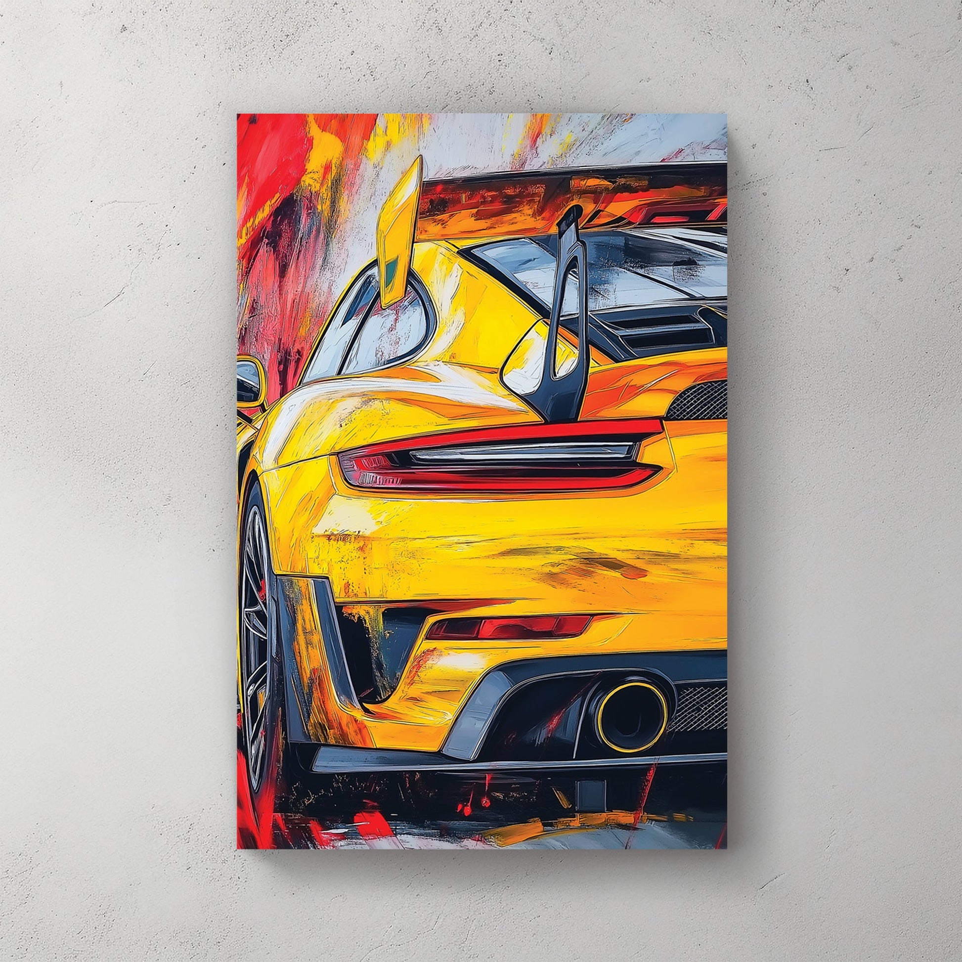 yellow Porsche sports car wall art