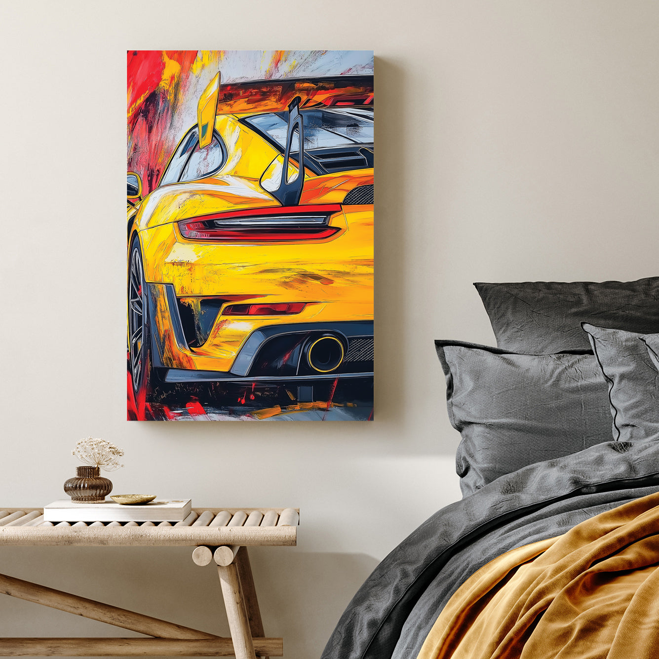 yellow Porsche sports car wall art