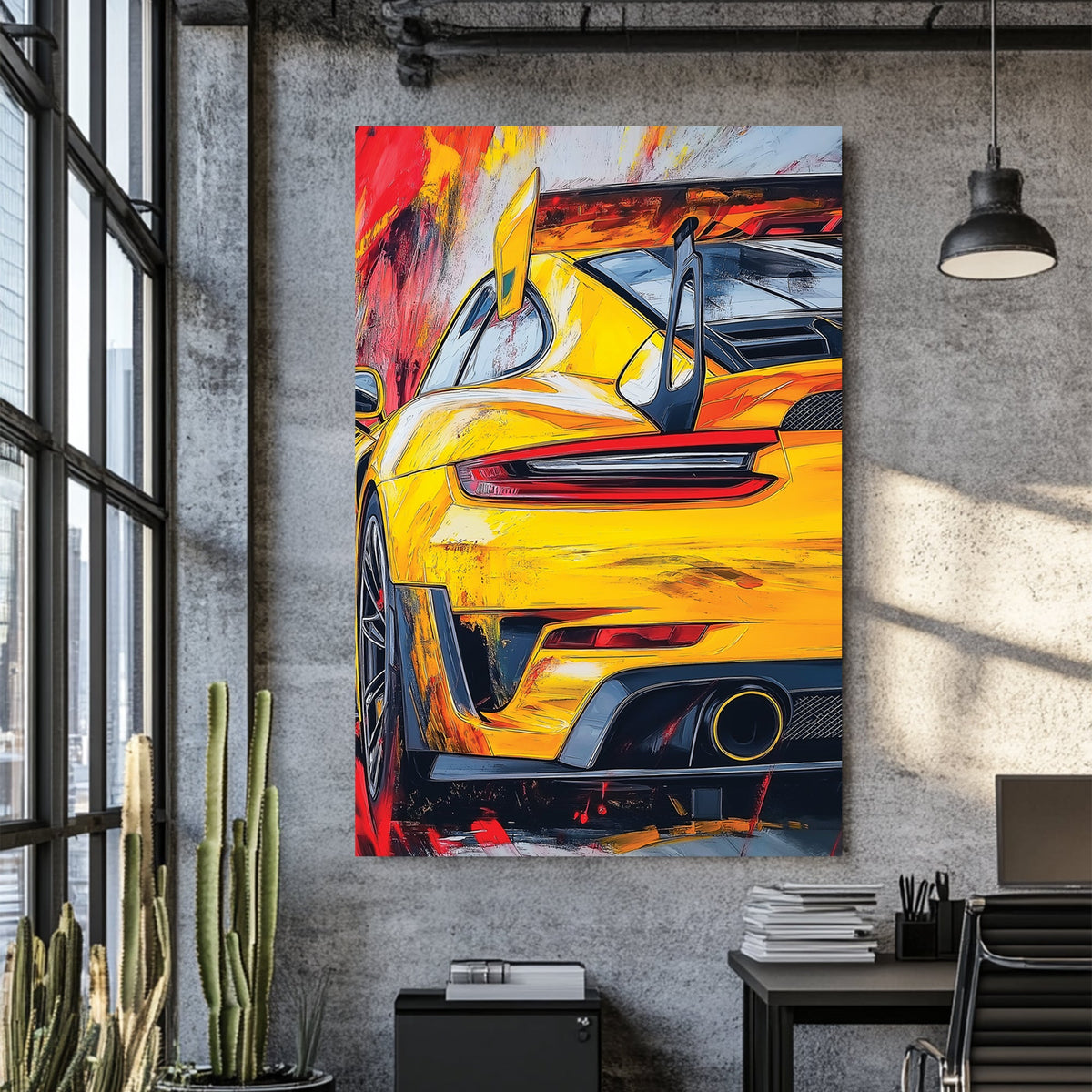 yellow Porsche sports car wall art