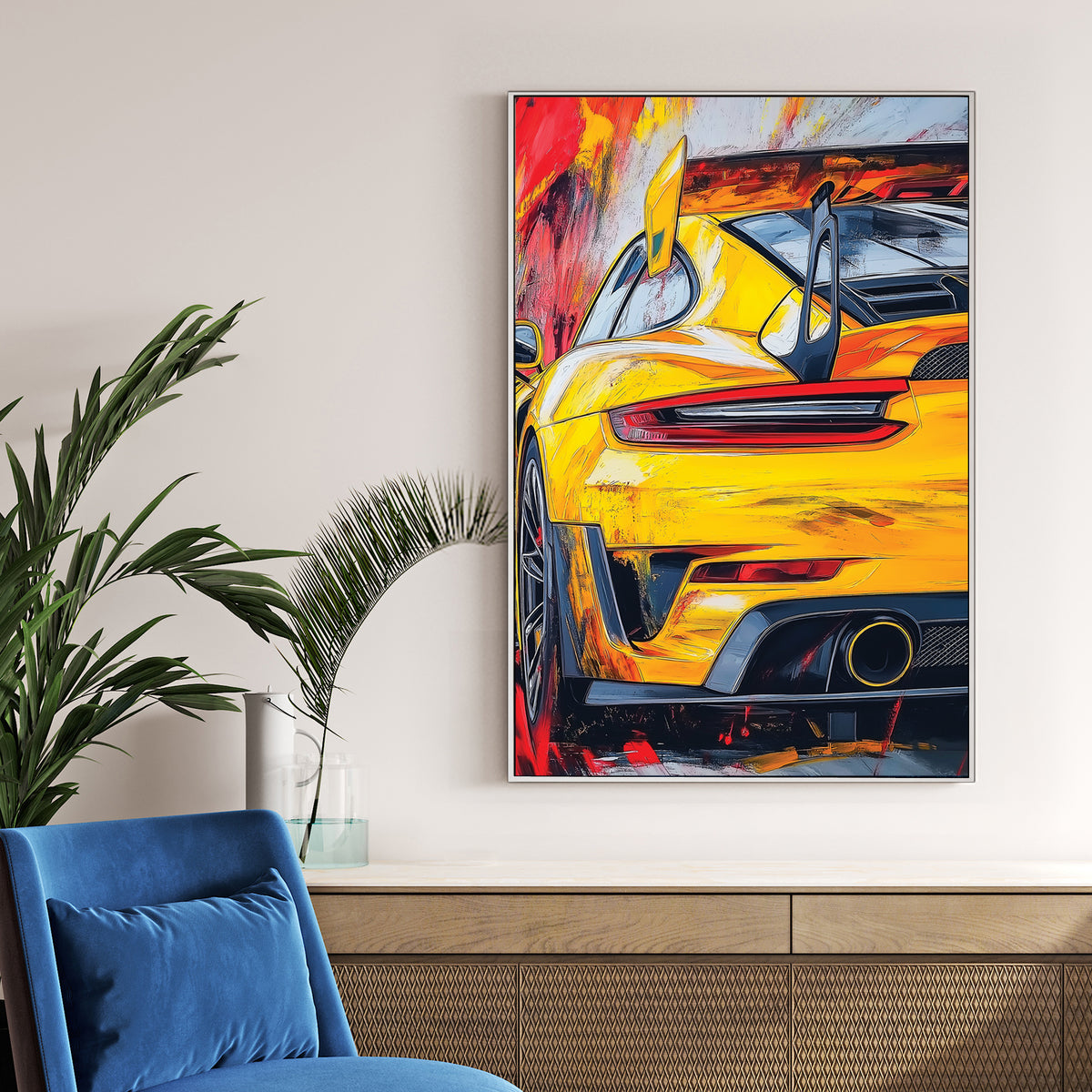 yellow Porsche sports car wall art