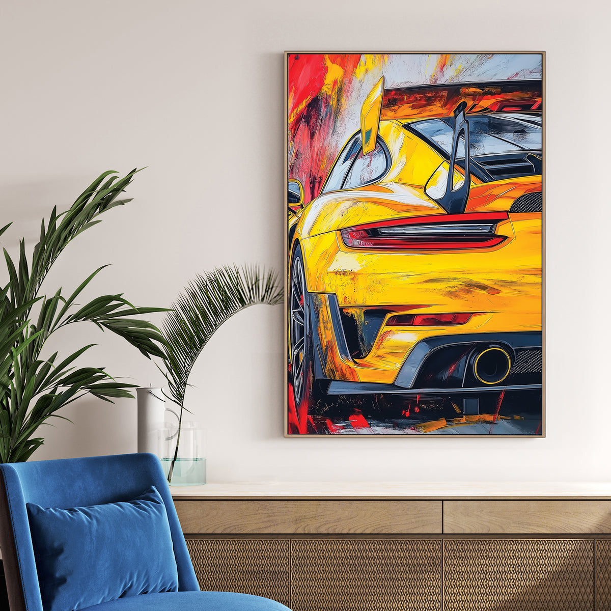 yellow Porsche sports car wall art