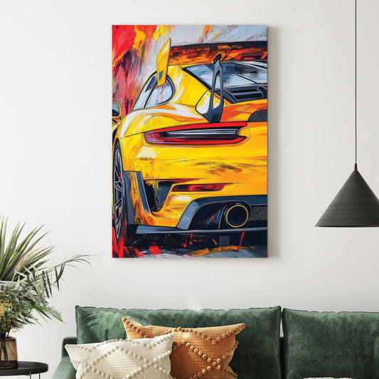 yellow Porsche sports car wall art