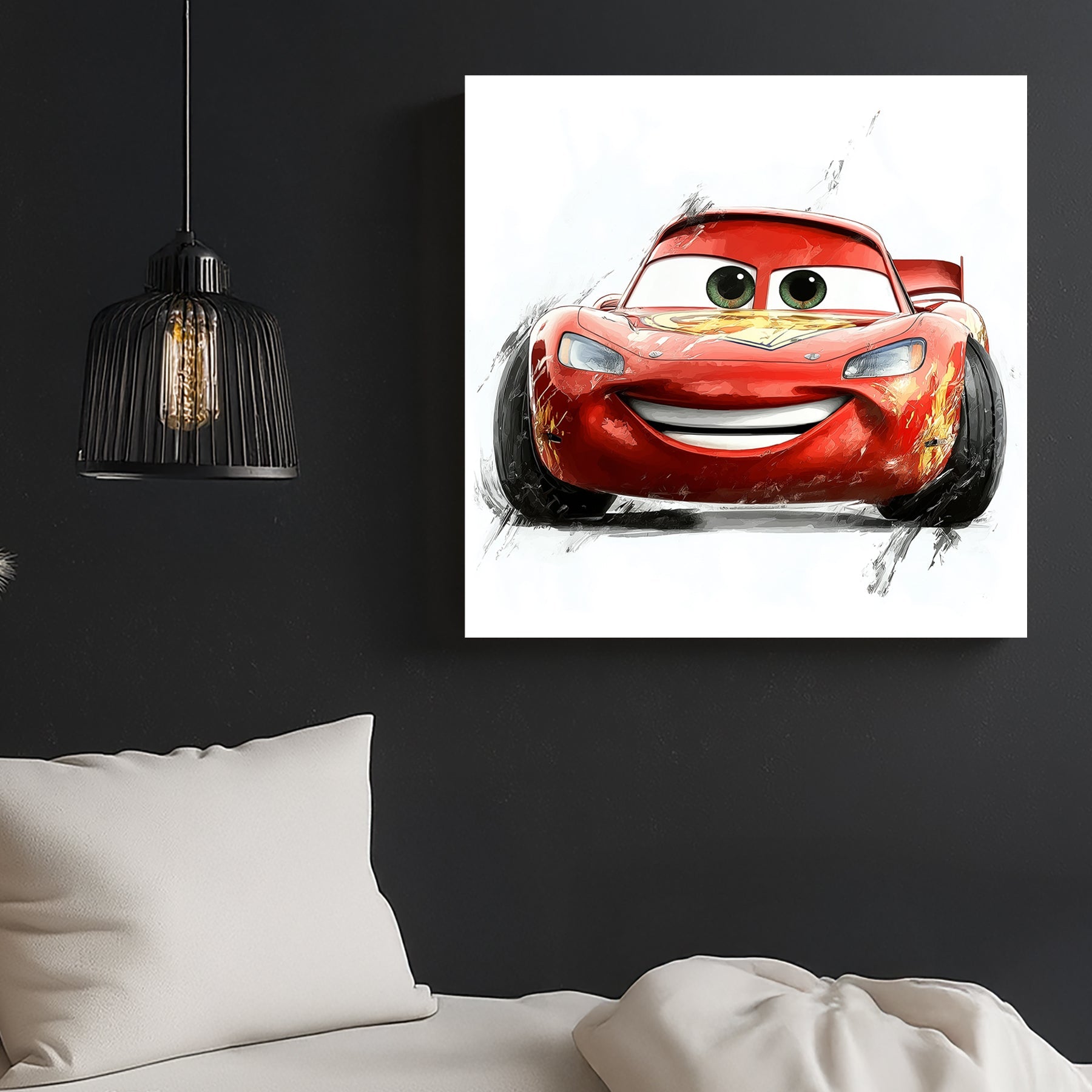 smiling red cartoon race car wall art