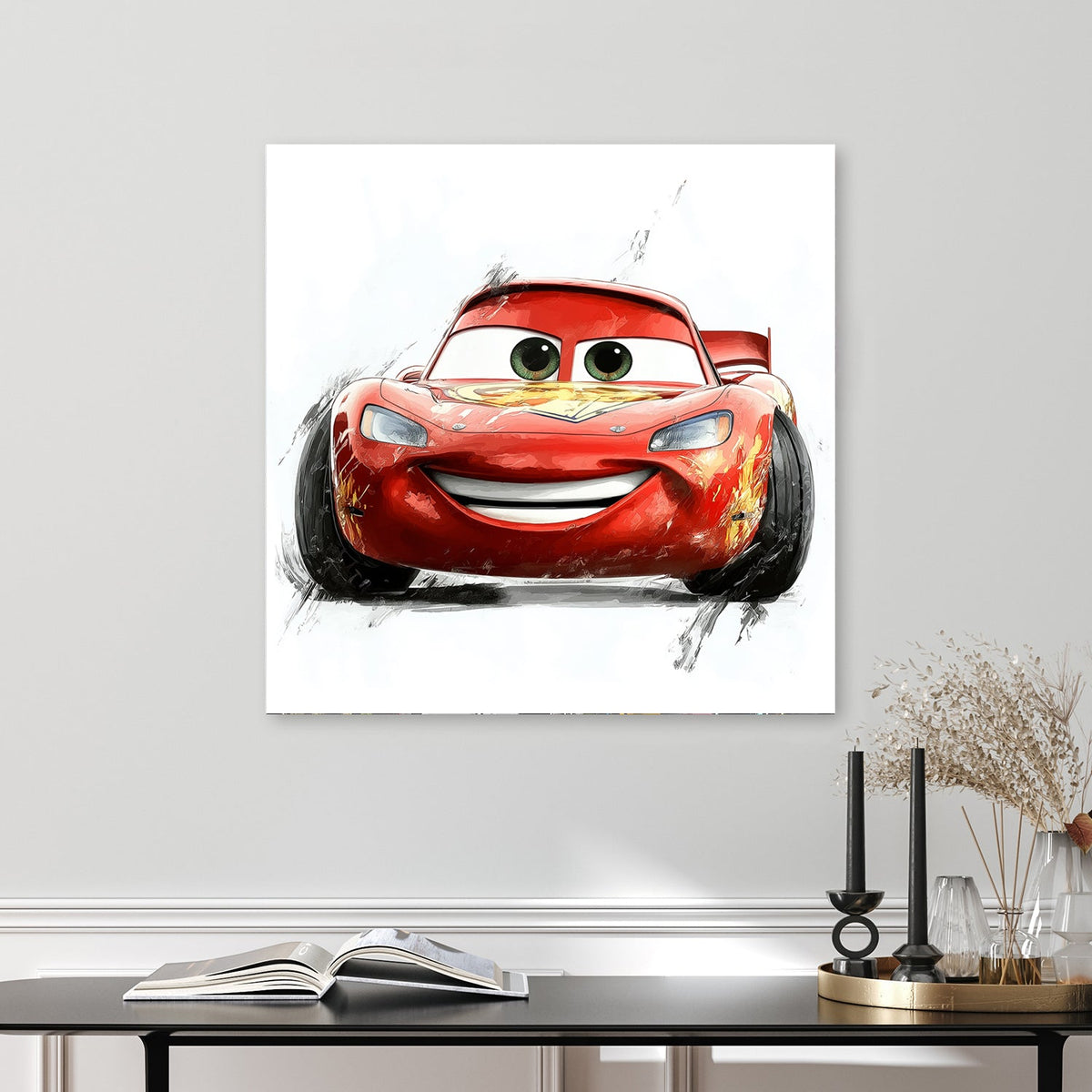 smiling red cartoon race car wall art