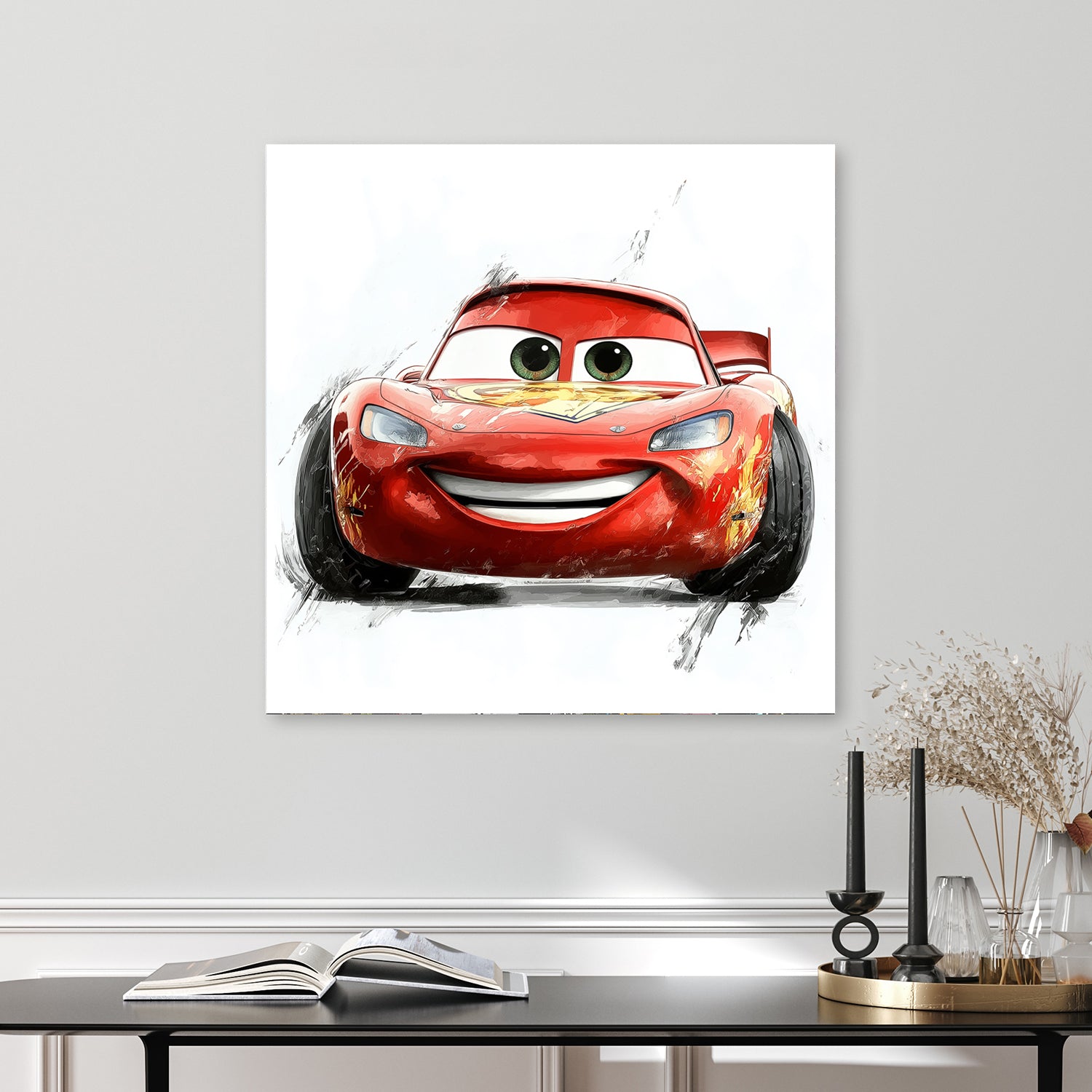 smiling red cartoon race car wall art