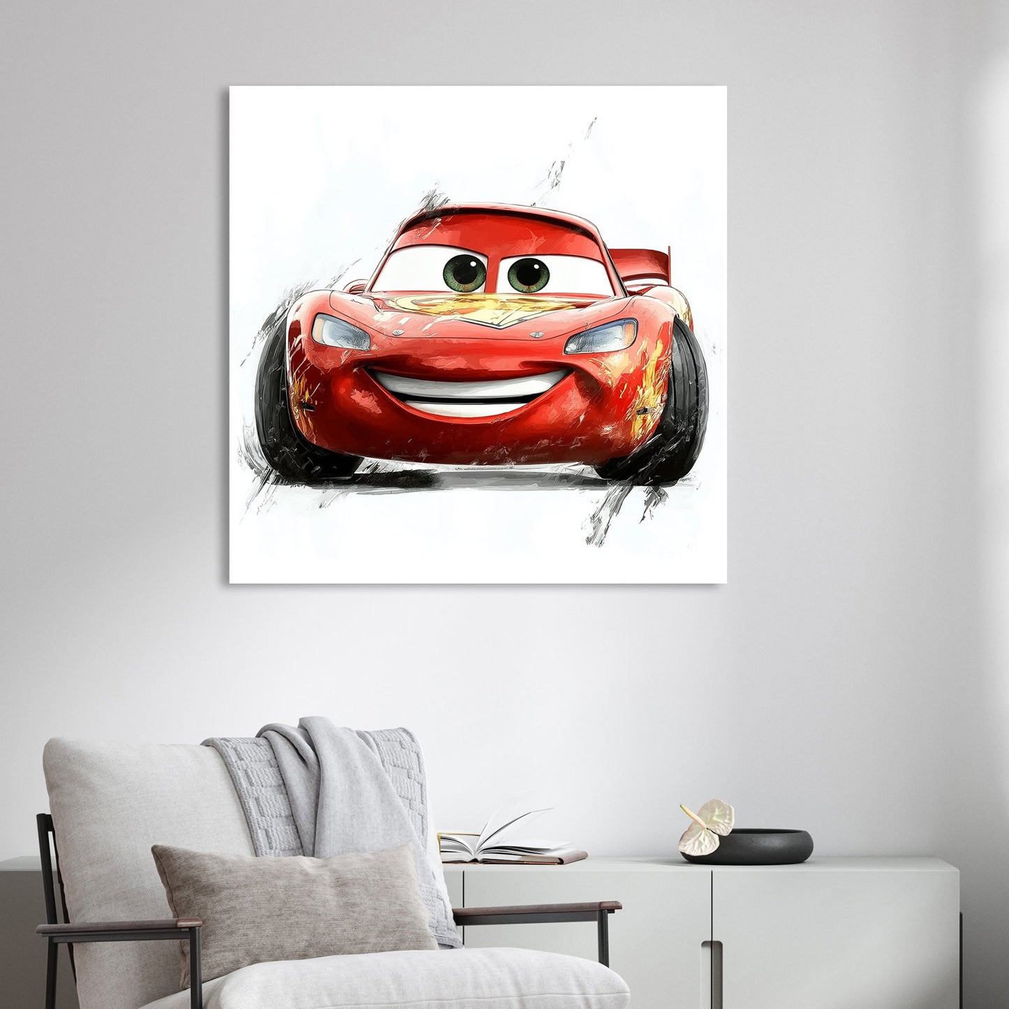 smiling red cartoon race car wall art