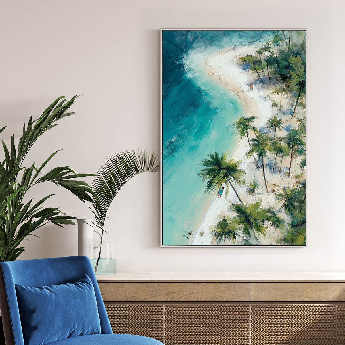 tropical beach aerial view palm trees wall art