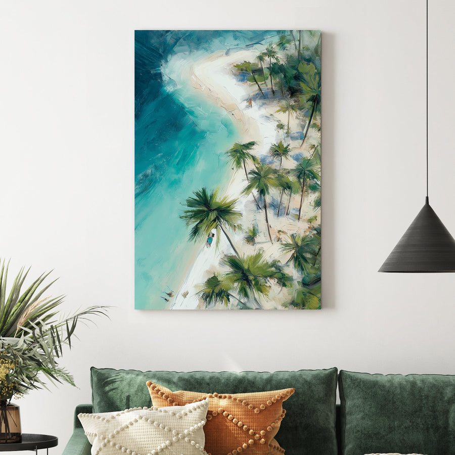 tropical beach aerial view palm trees wall art
