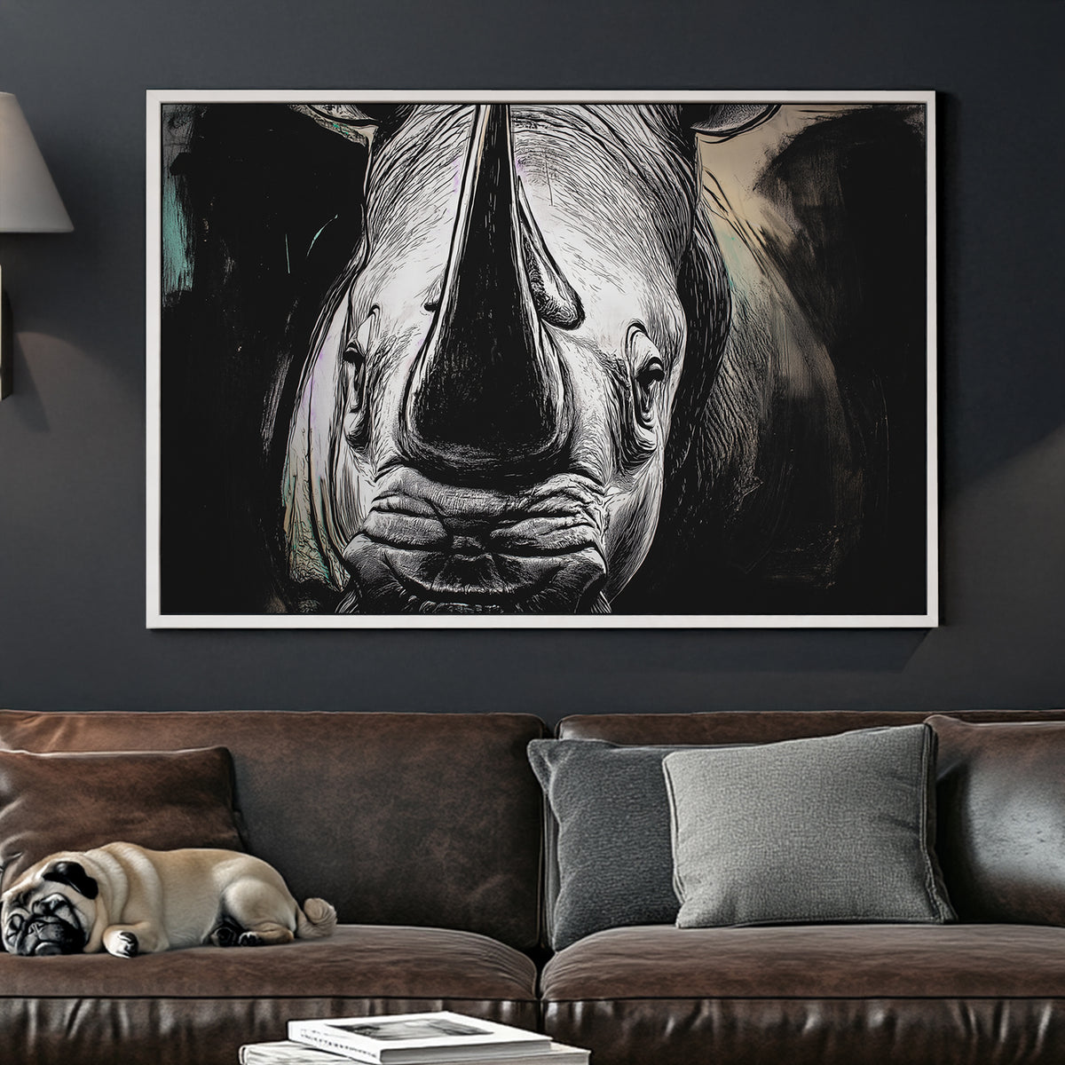 black and white rhino face wall art