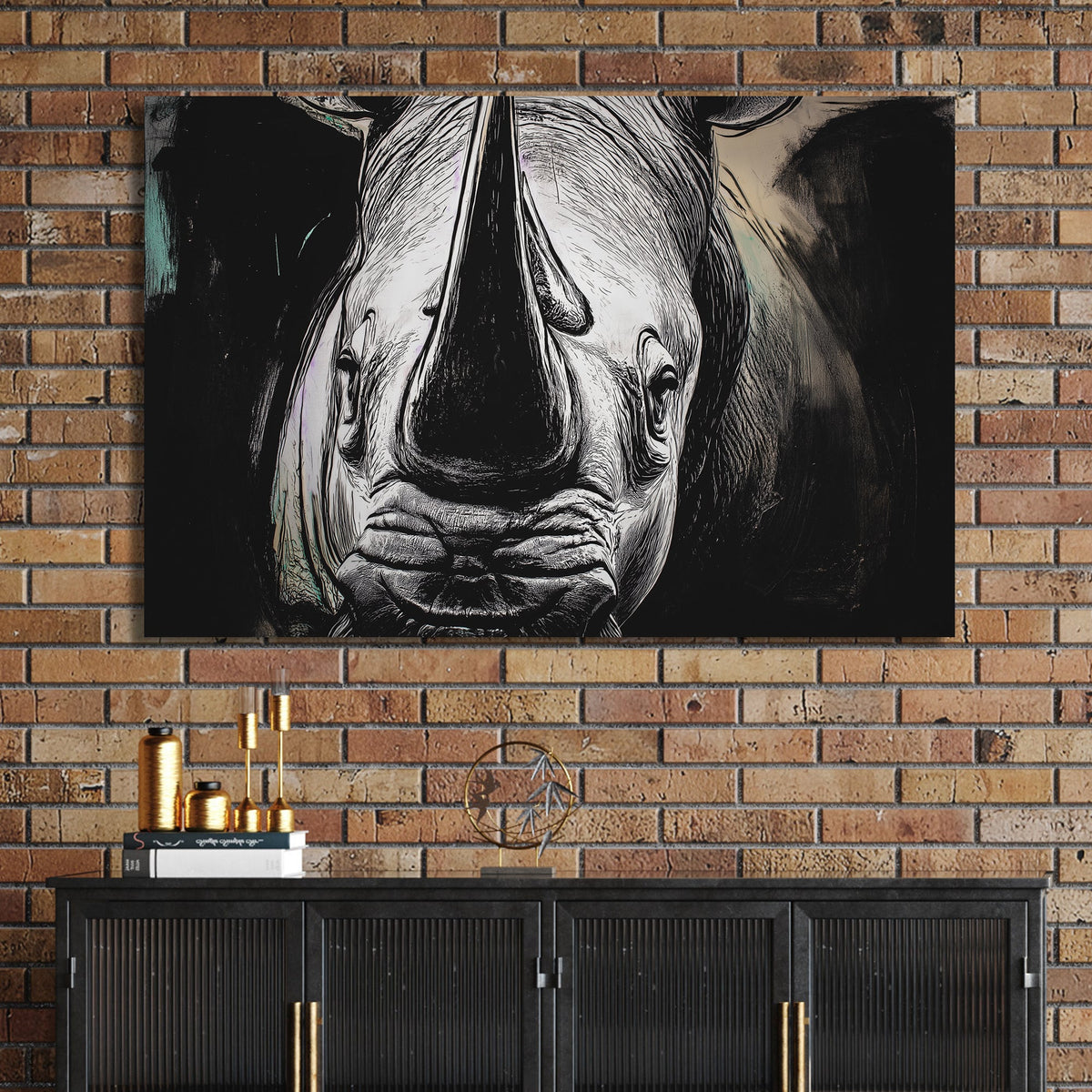 black and white rhino face wall art