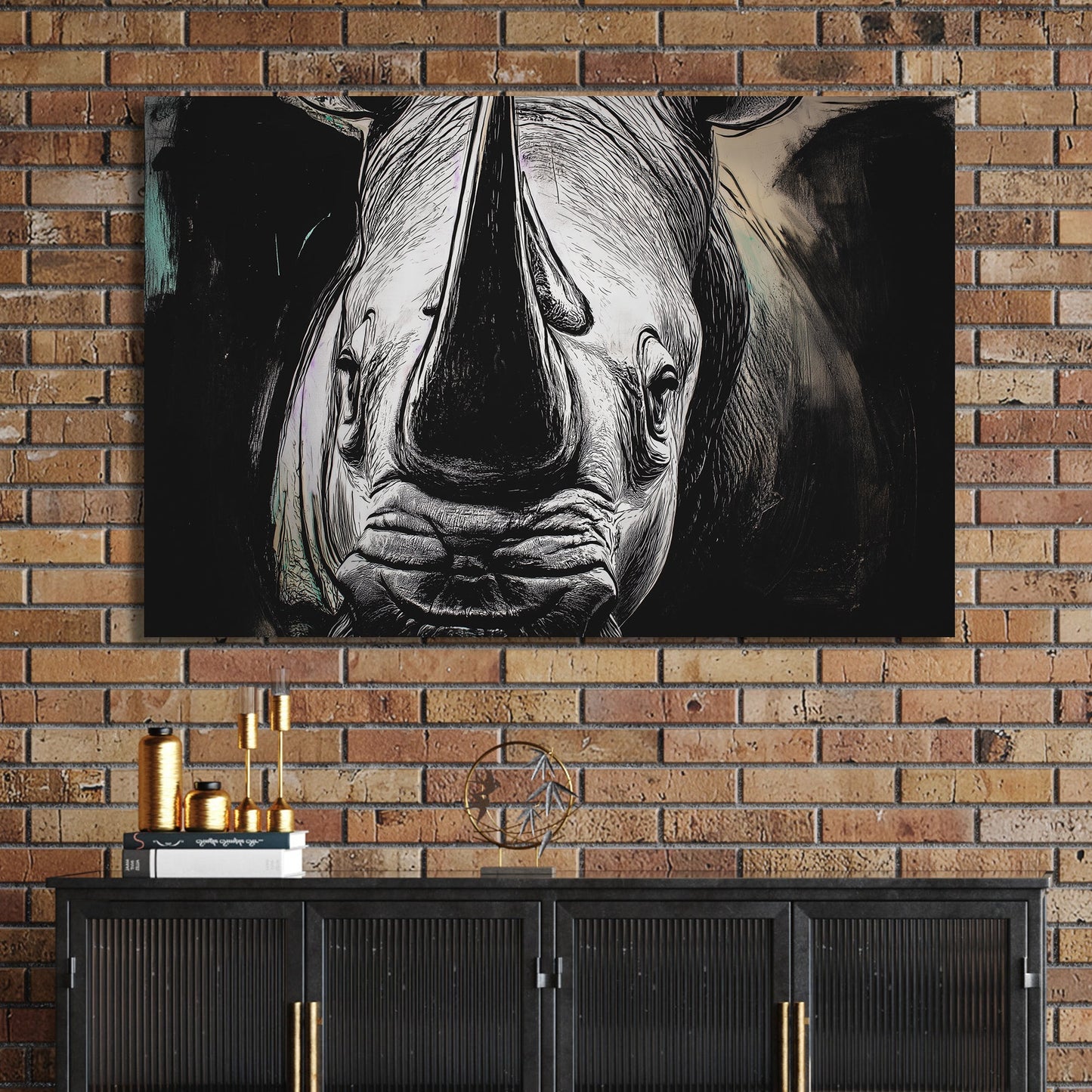 black and white rhino face wall art