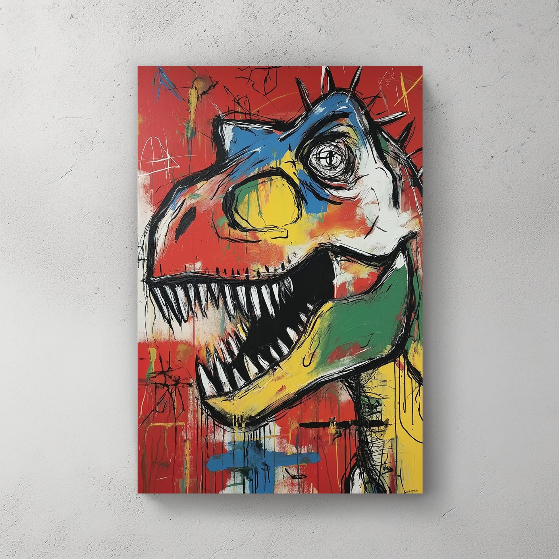 colourful t-rex graffiti wall art