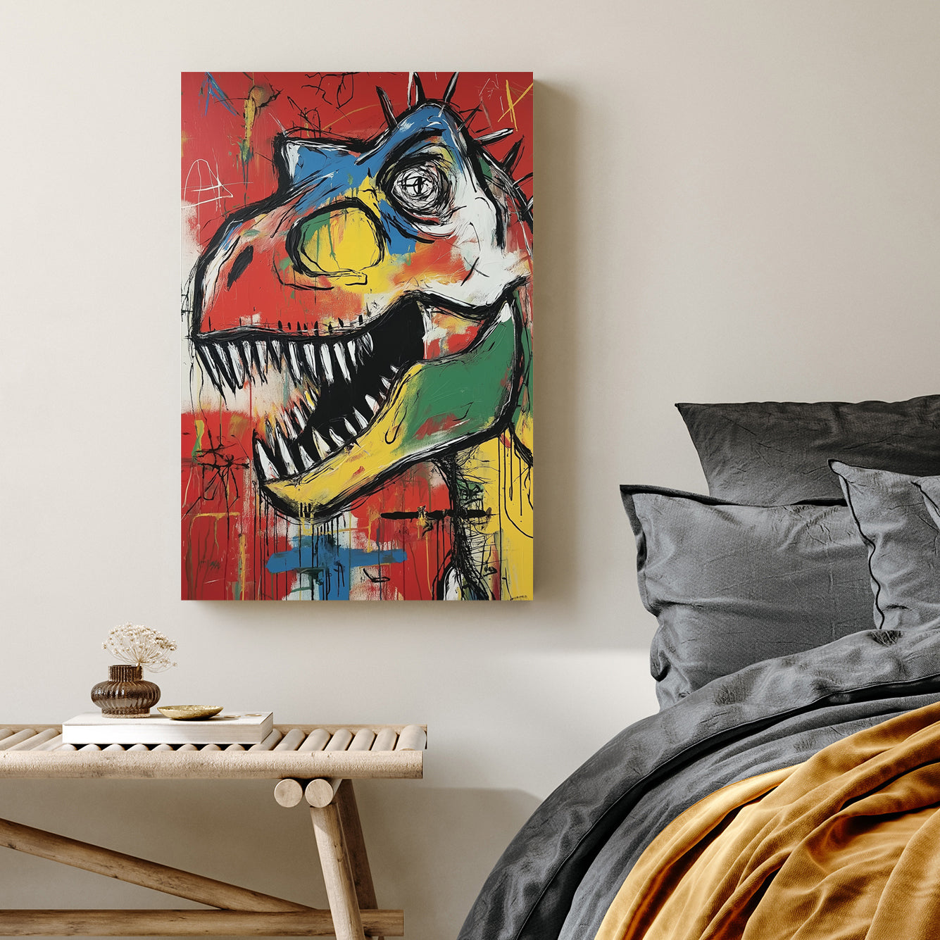 colourful t-rex graffiti wall art