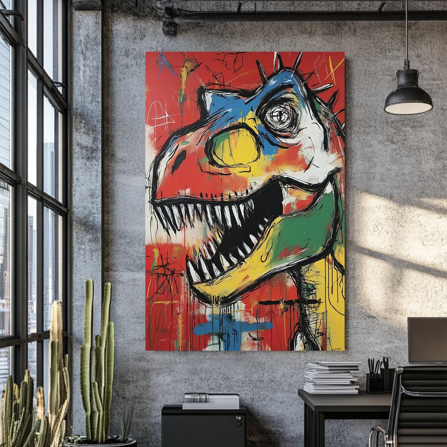 colourful t-rex graffiti wall art