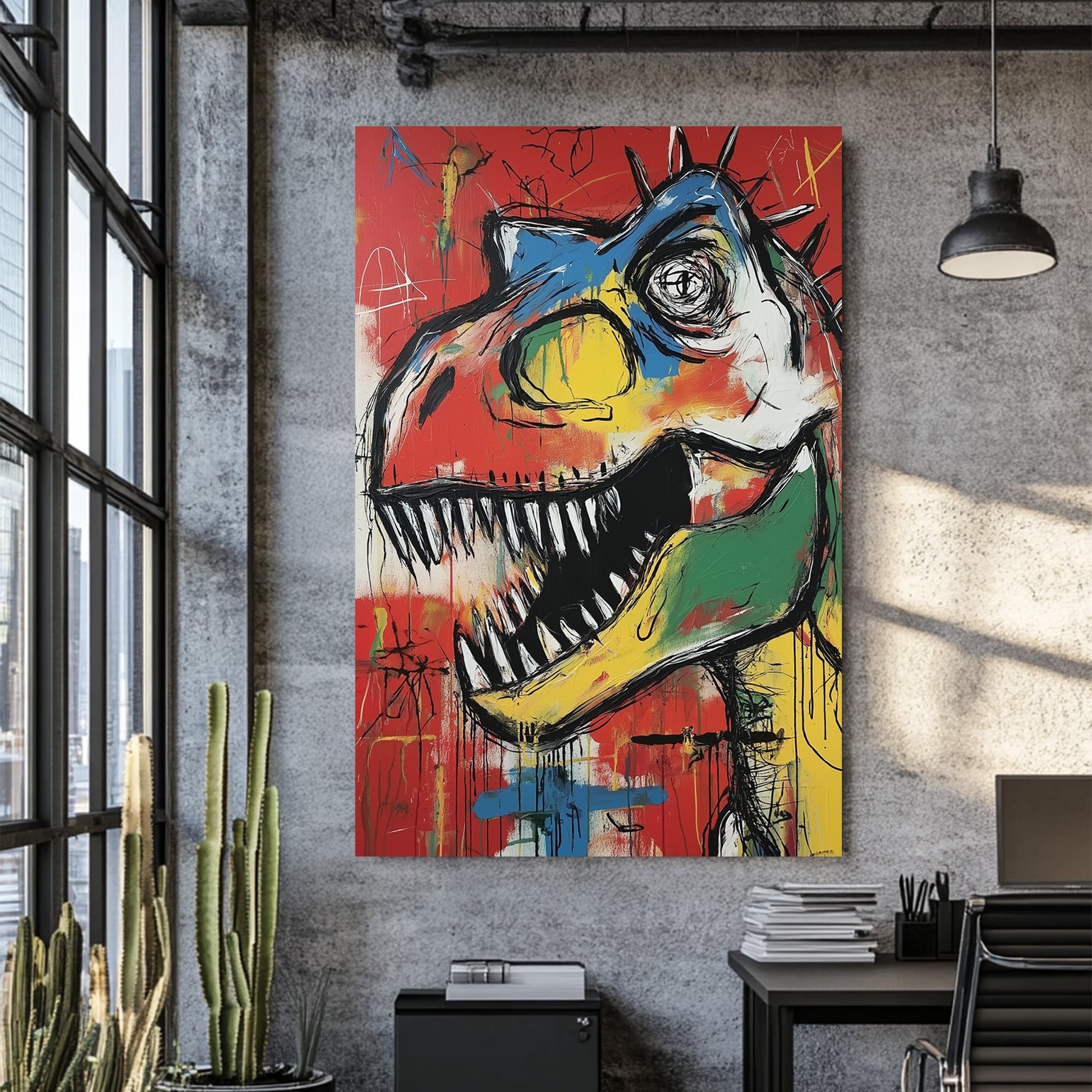 colourful t-rex graffiti wall art