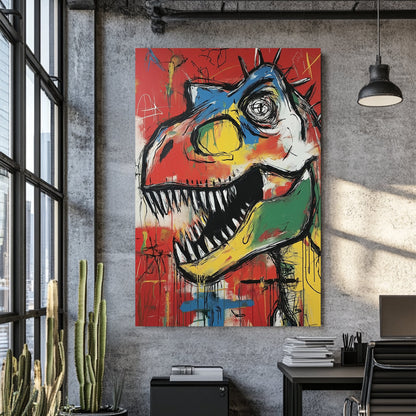 colourful t-rex graffiti wall art