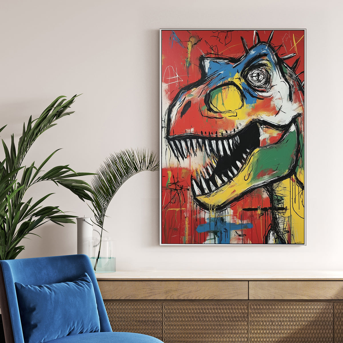colourful t-rex graffiti wall art