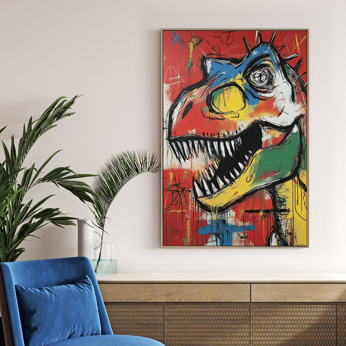 colourful t-rex graffiti wall art