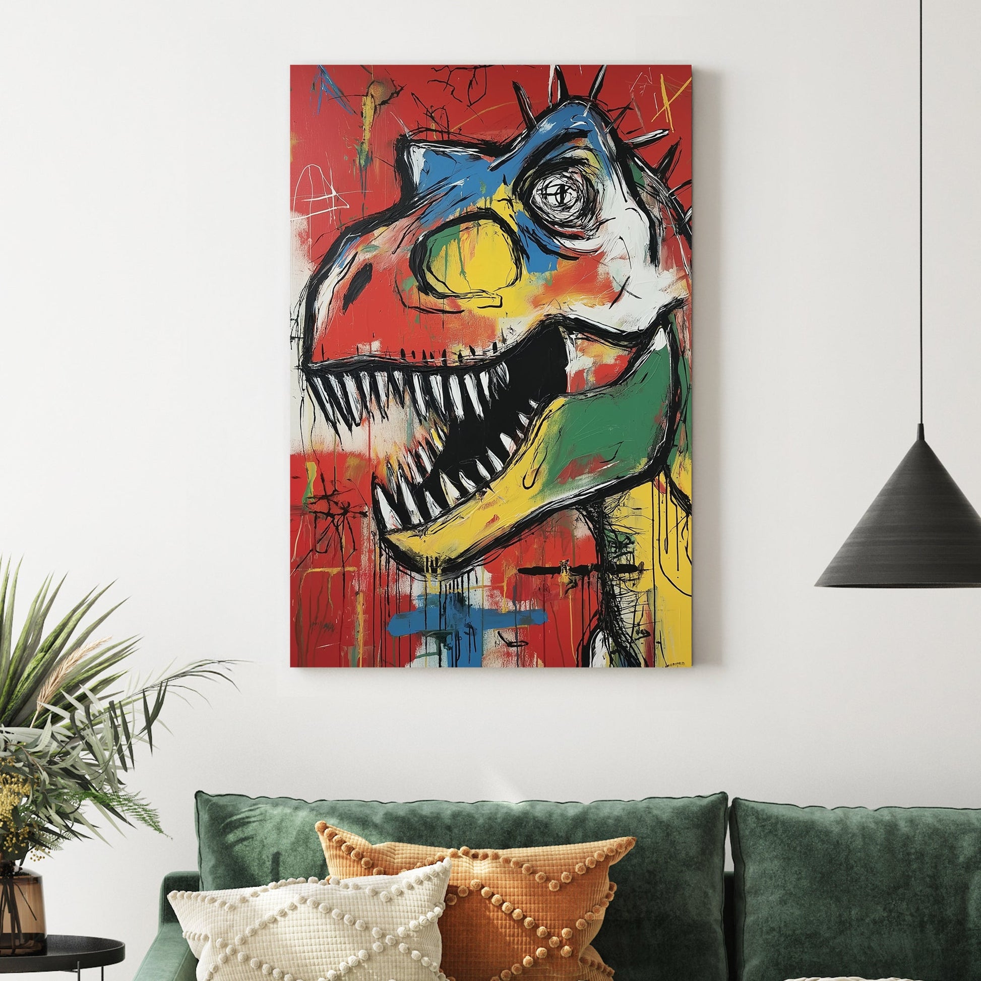 colourful t-rex graffiti wall art