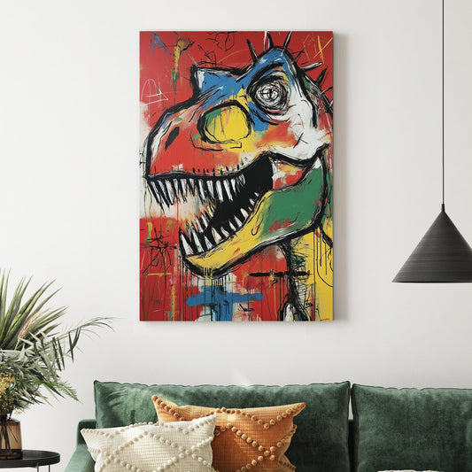 colourful t-rex graffiti wall art