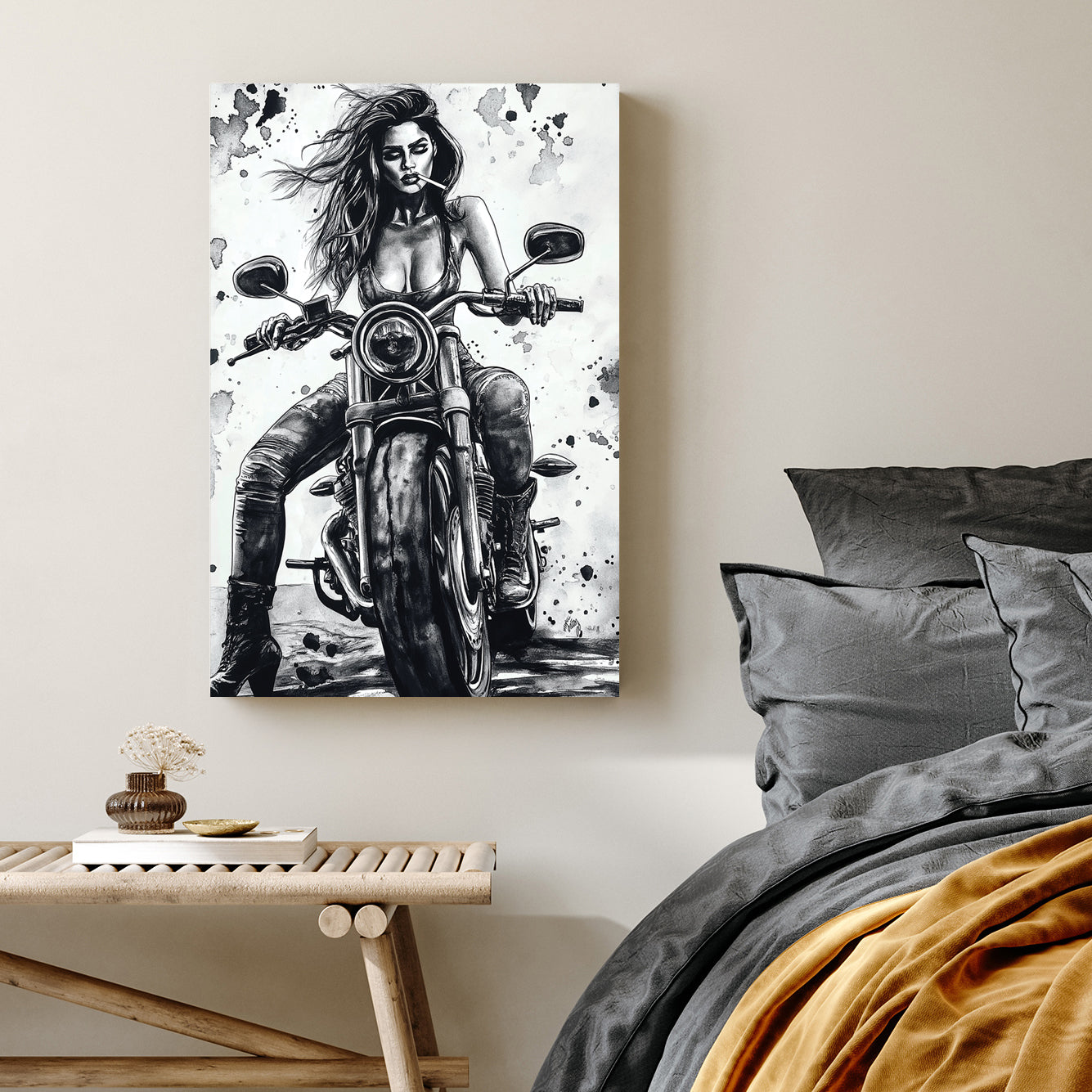 woman on motorcycle wall art
