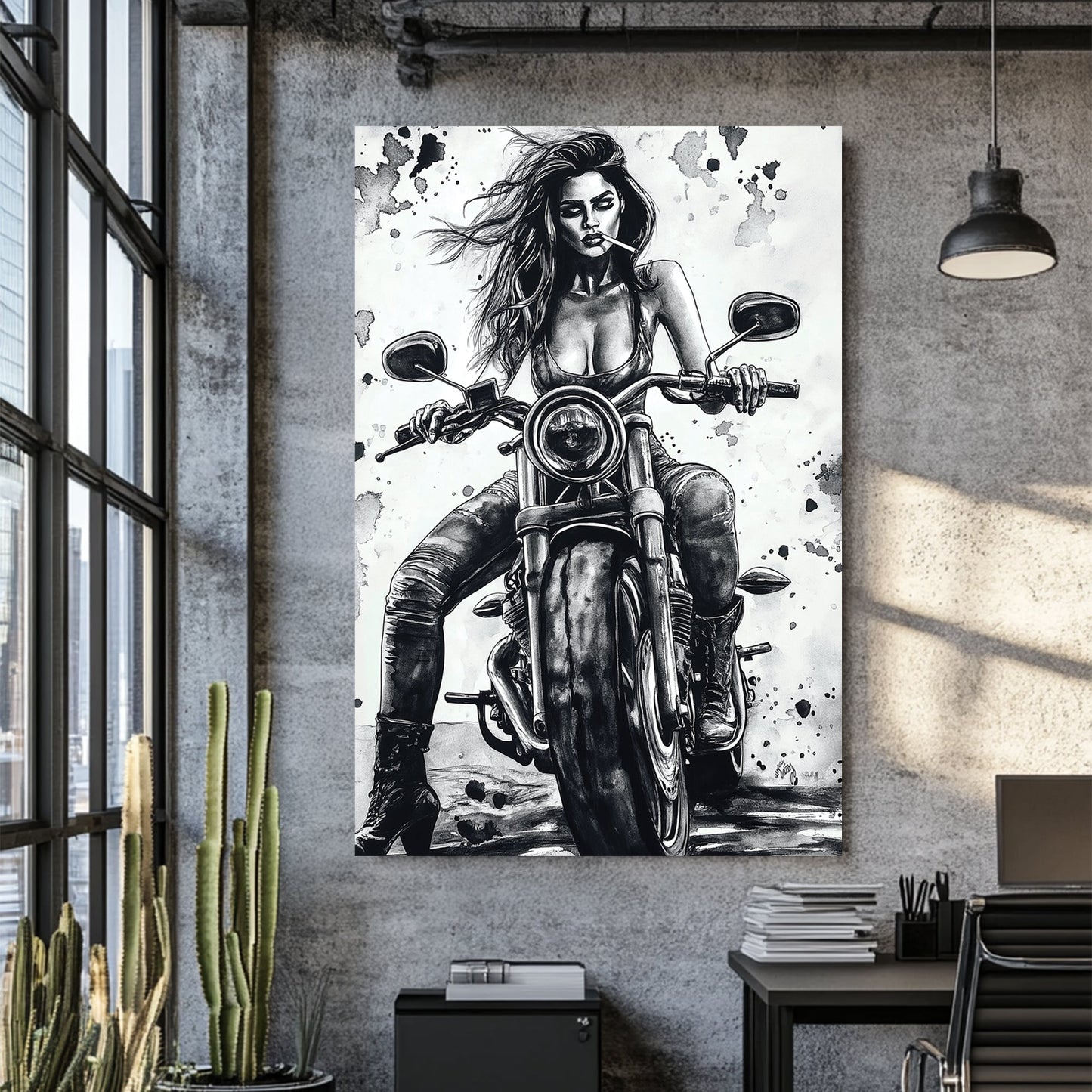 woman on motorcycle wall art