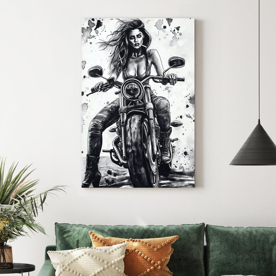 woman on motorcycle wall art