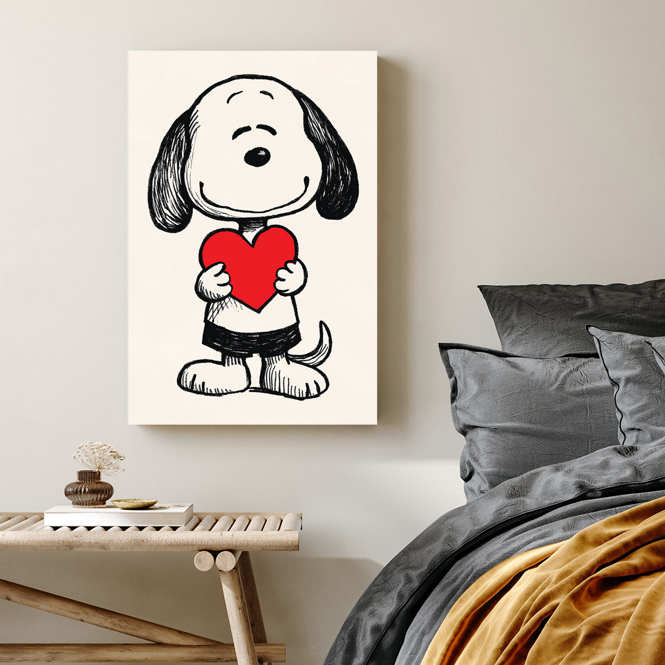 snoopy holding red heart wall art