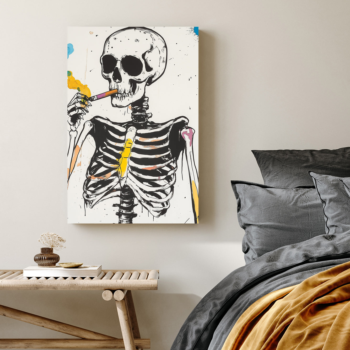 skeleton smoking colourful wall art