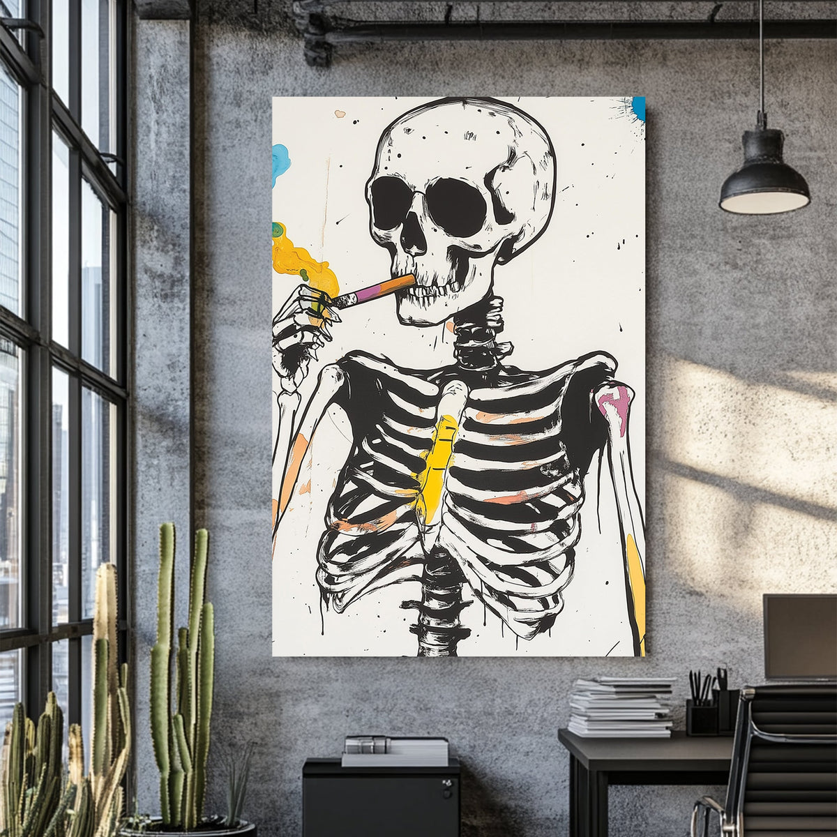 skeleton smoking colourful wall art