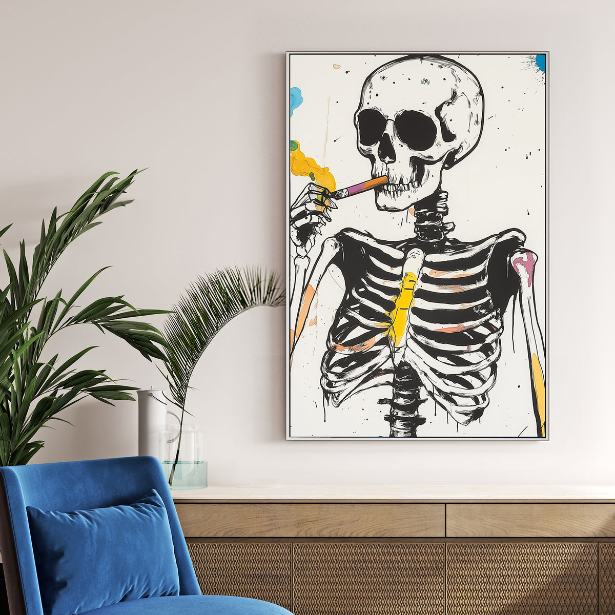 skeleton smoking colourful wall art
