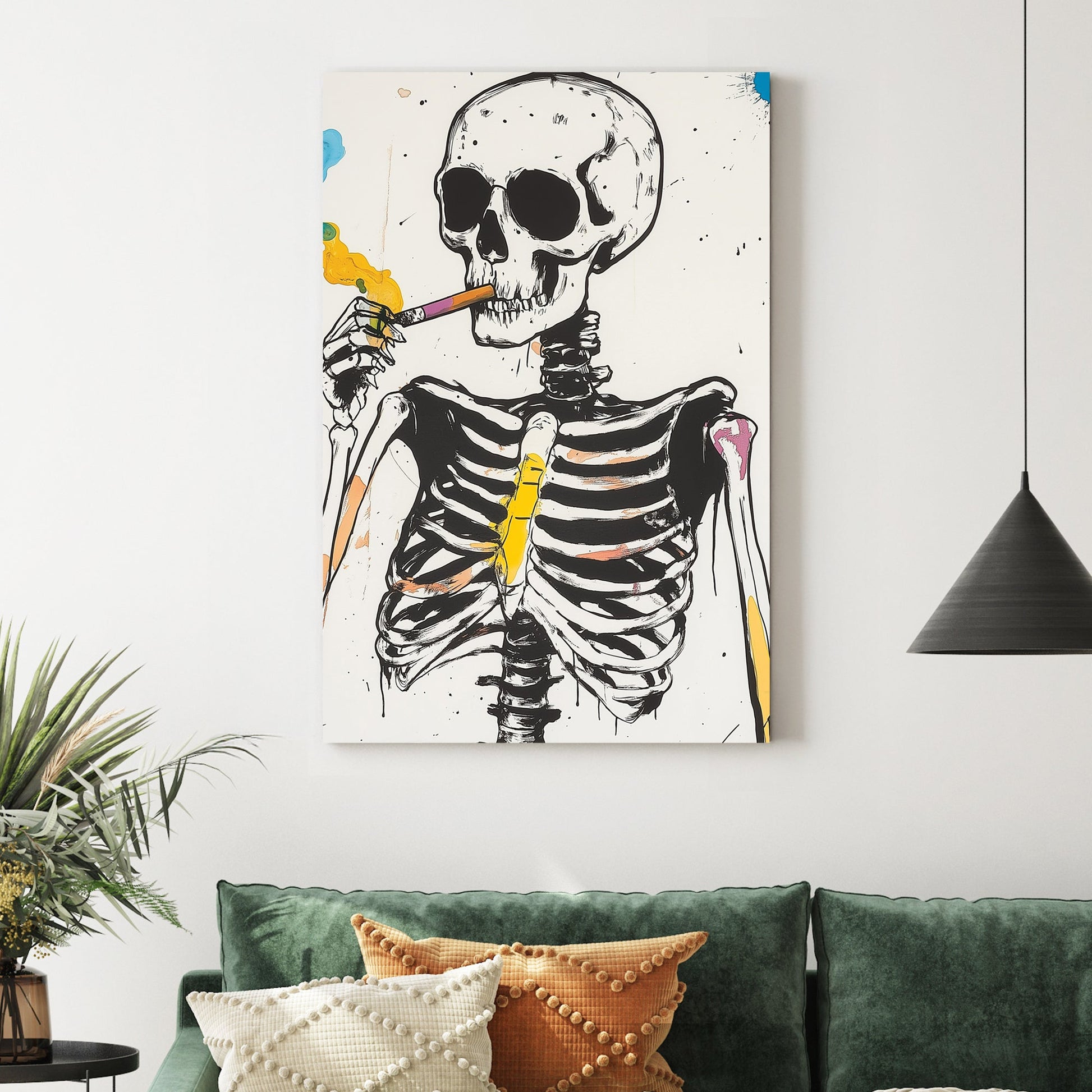 skeleton smoking colourful wall art