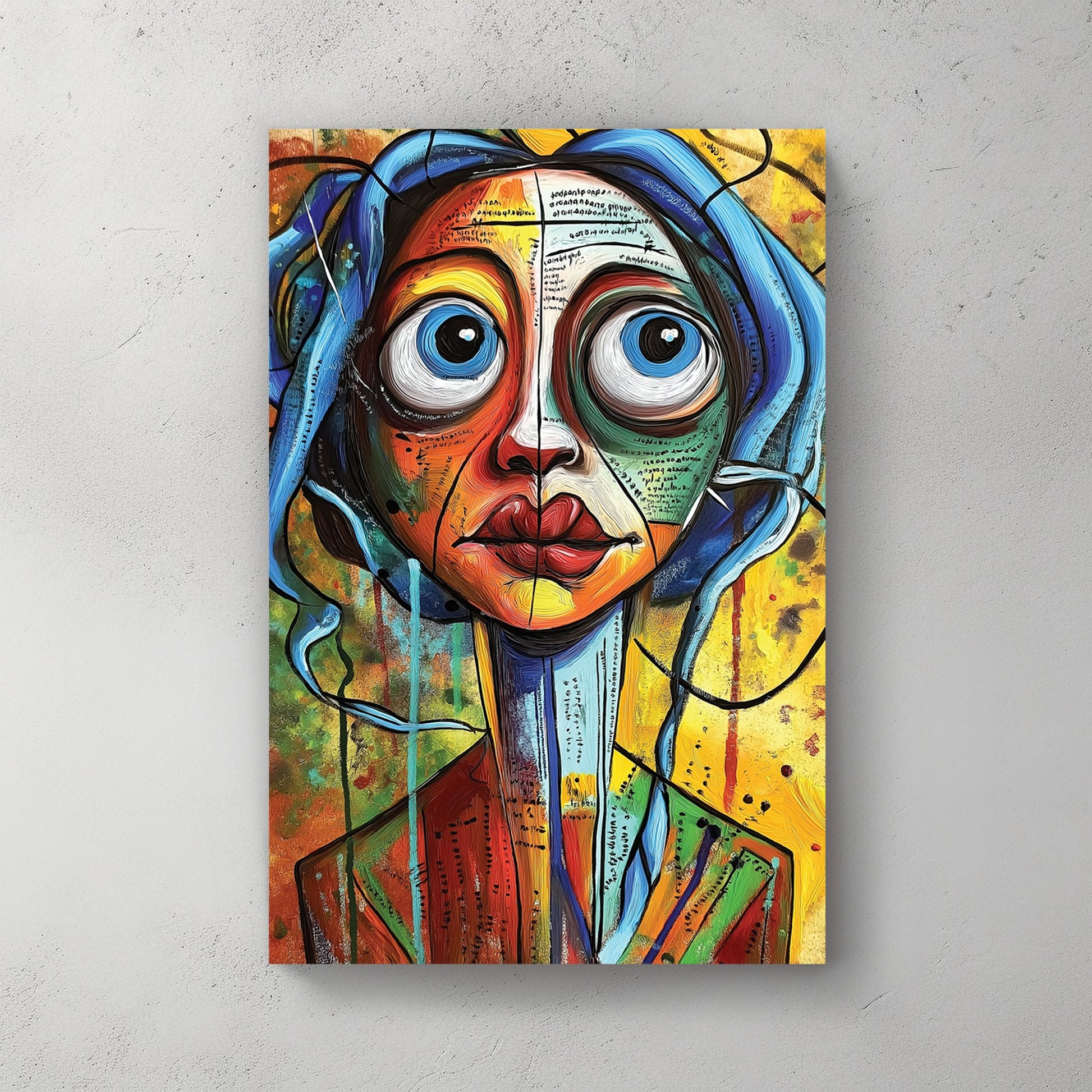 bold colourful abstract portrait of woman with wide eyes wall art