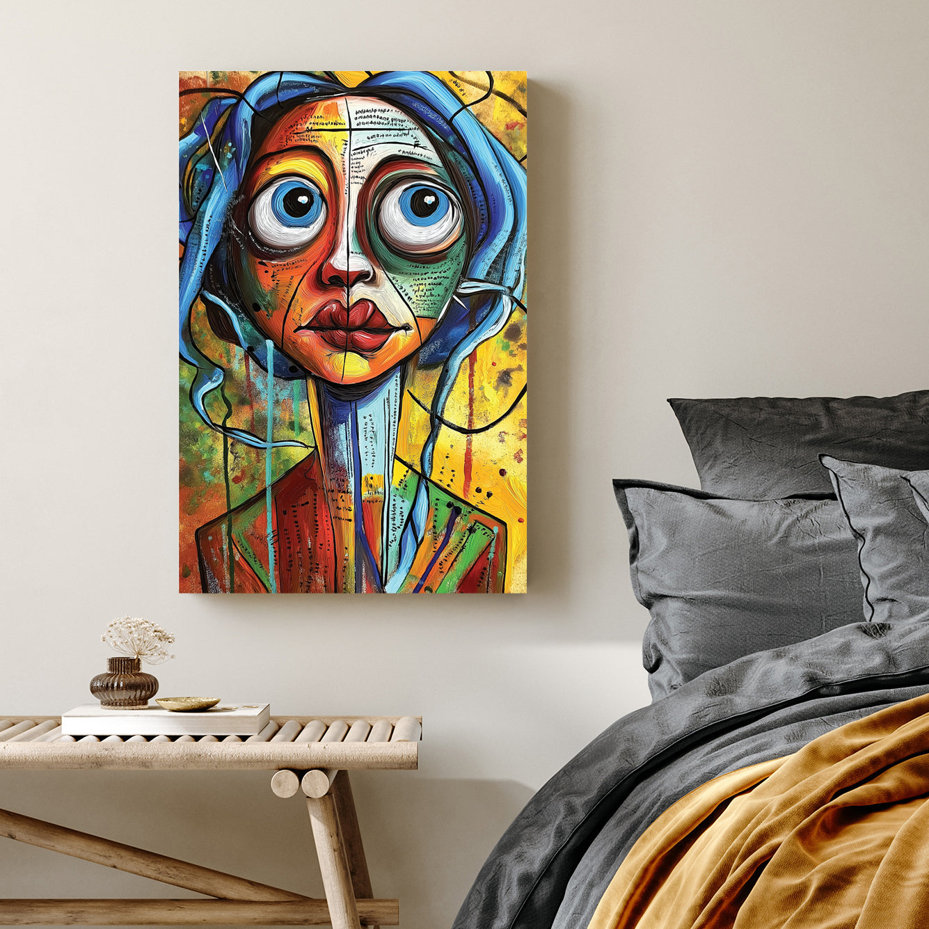 bold colourful abstract portrait of woman with wide eyes wall art
