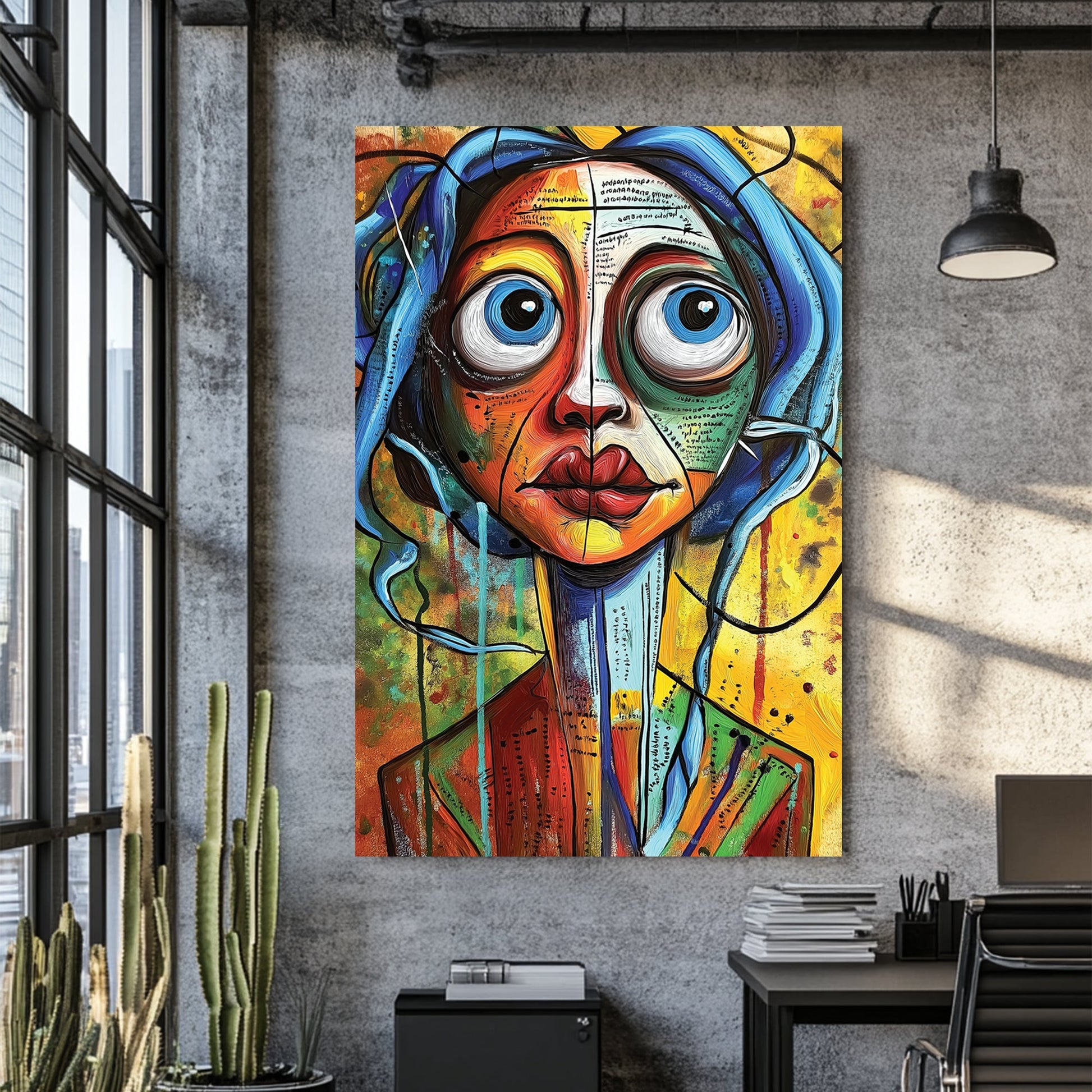 bold colourful abstract portrait of woman with wide eyes wall art