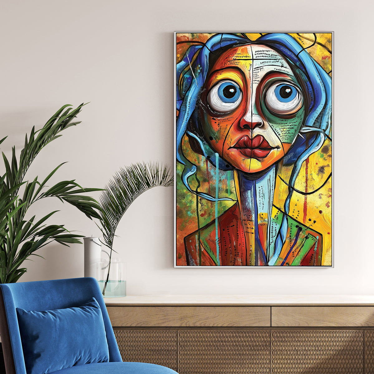 bold colourful abstract portrait of woman with wide eyes wall art