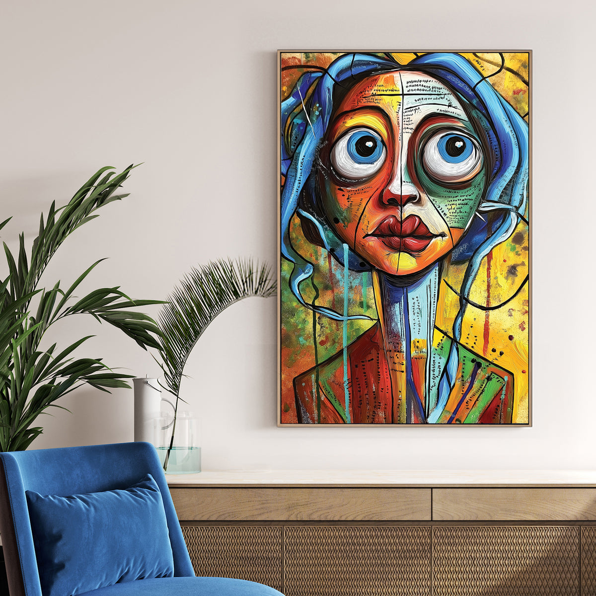 bold colourful abstract portrait of woman with wide eyes wall art