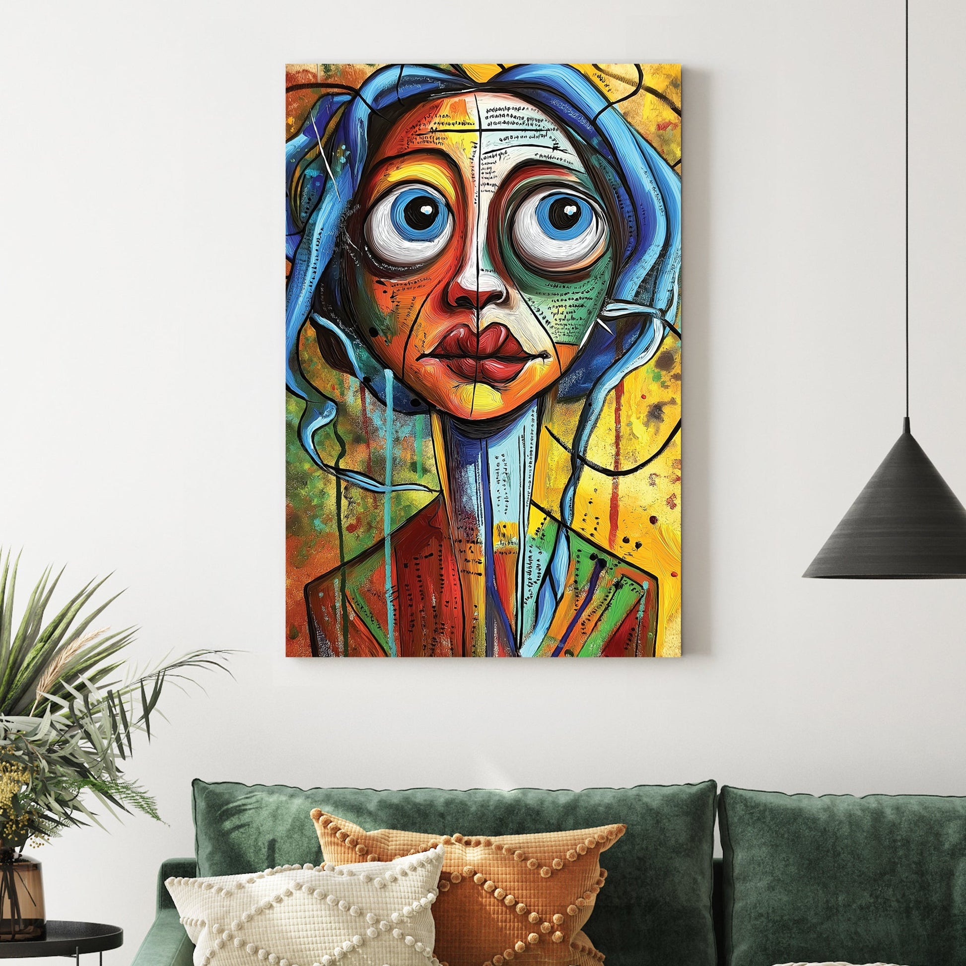 bold colourful abstract portrait of woman with wide eyes wall art