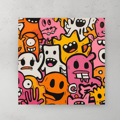 colourful cartoon doodles of playful monster characters wall art