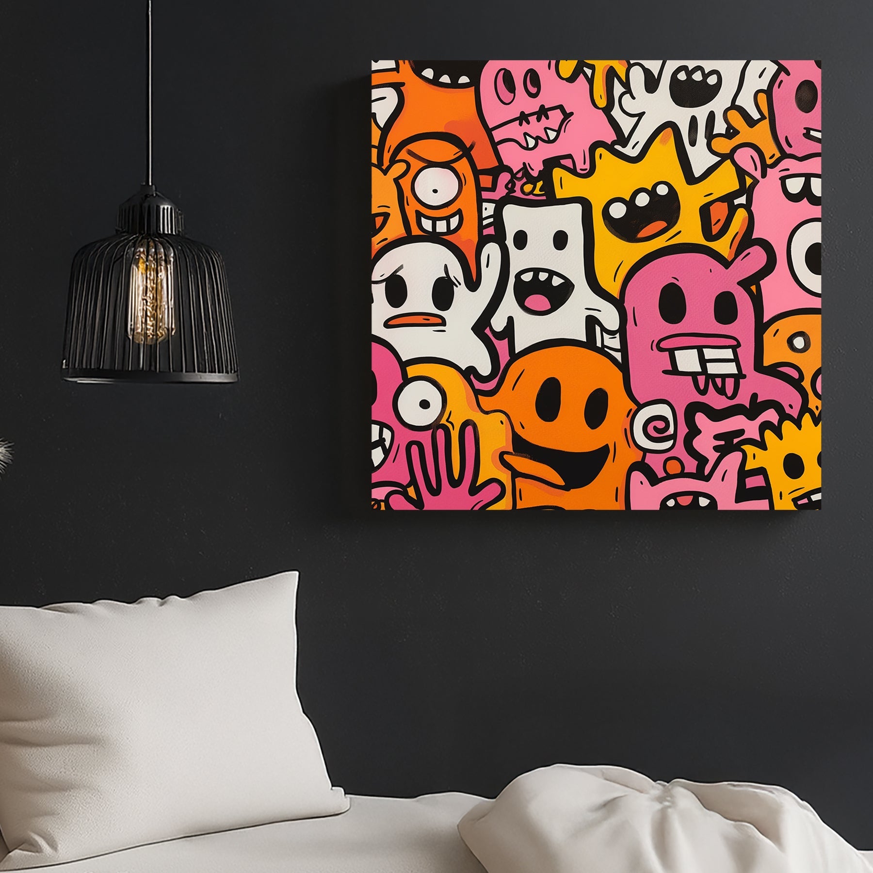 colourful cartoon doodles of playful monster characters wall art