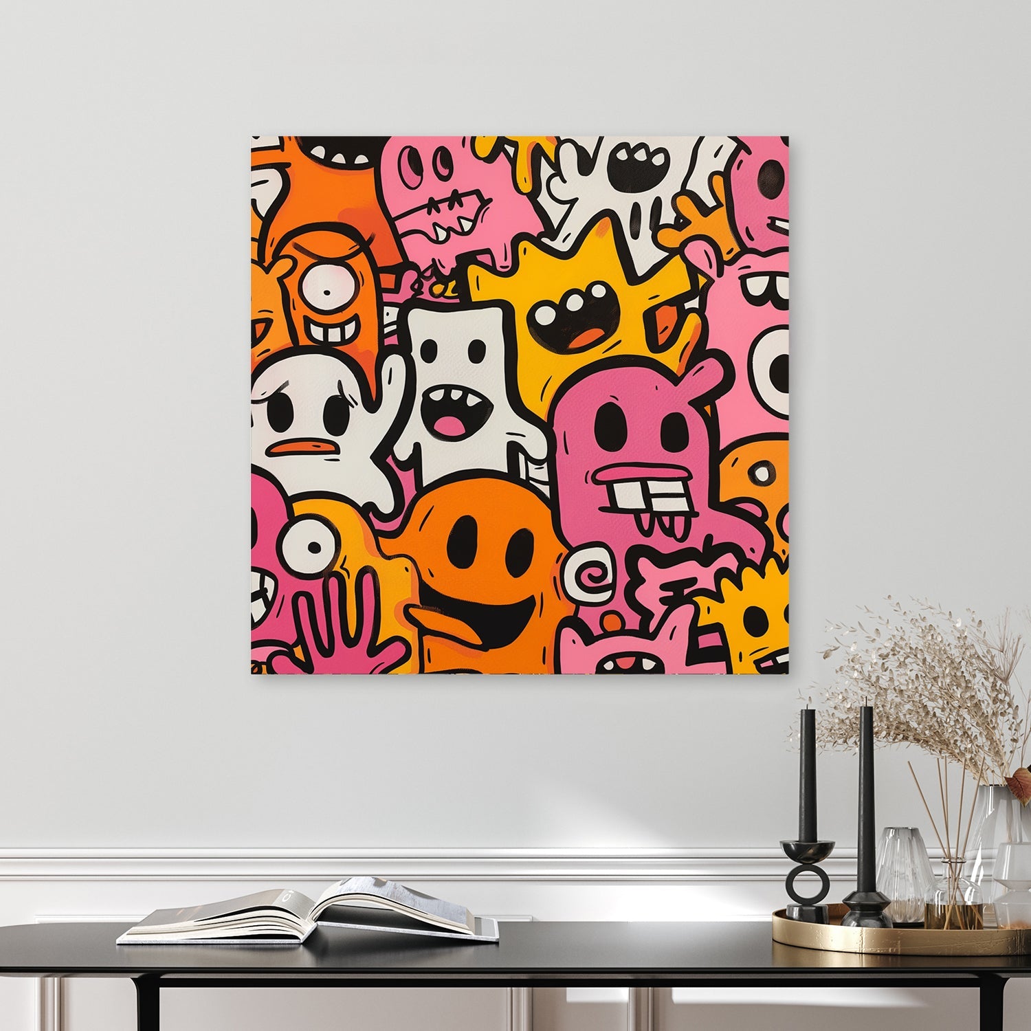 colourful cartoon doodles of playful monster characters wall art