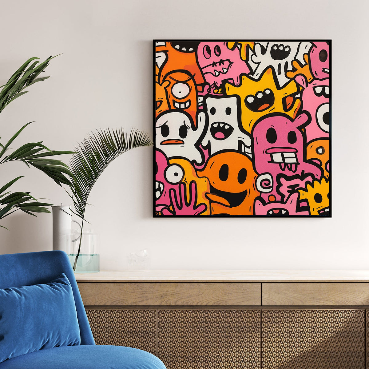 colourful cartoon doodles of playful monster characters wall art