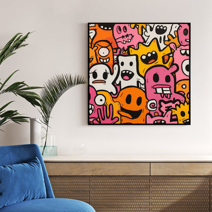 colourful cartoon doodles of playful monster characters wall art